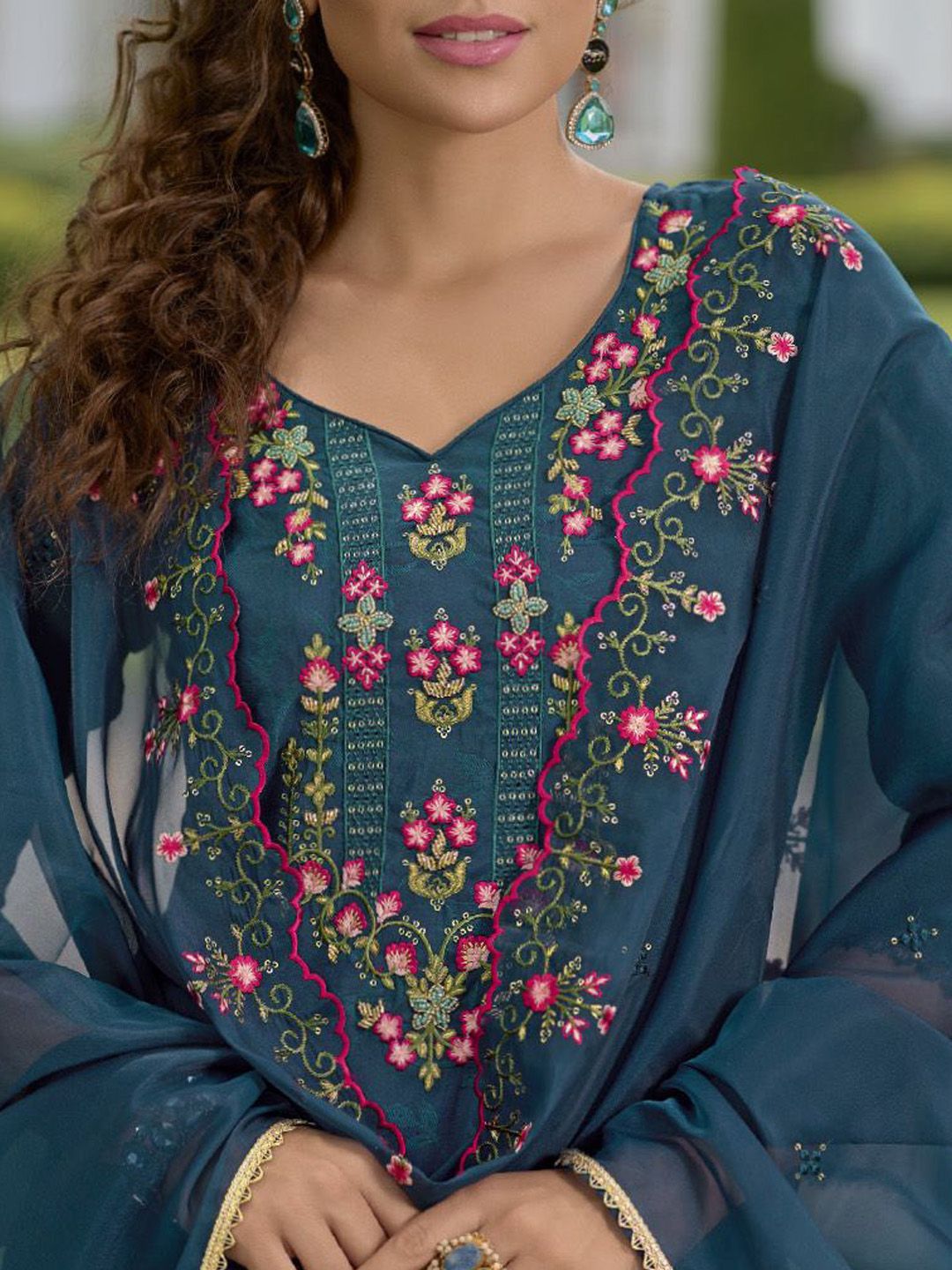 Dhiyona VA Women'sFloral Yoke Design V-Neck Thread Work Straight Kurta With Dhoti & Dupatta
