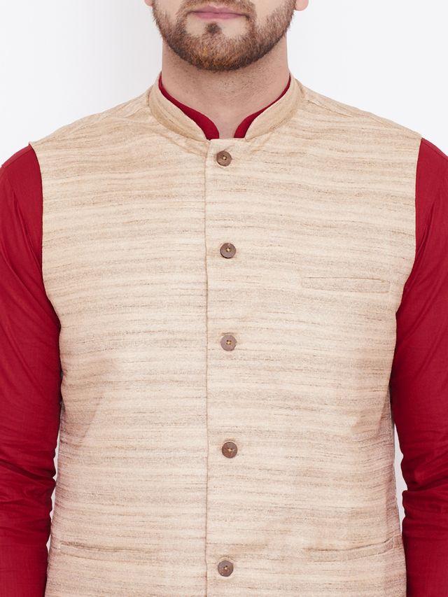 Men's Maroon Cotton Blend Straight Jacket Kurta and Pyjama Set