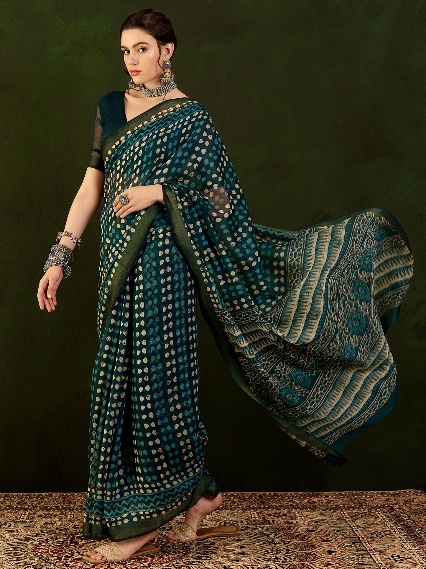 Women's Cotton Linen Teal blue Printed Designer Saree With Blouse Piece