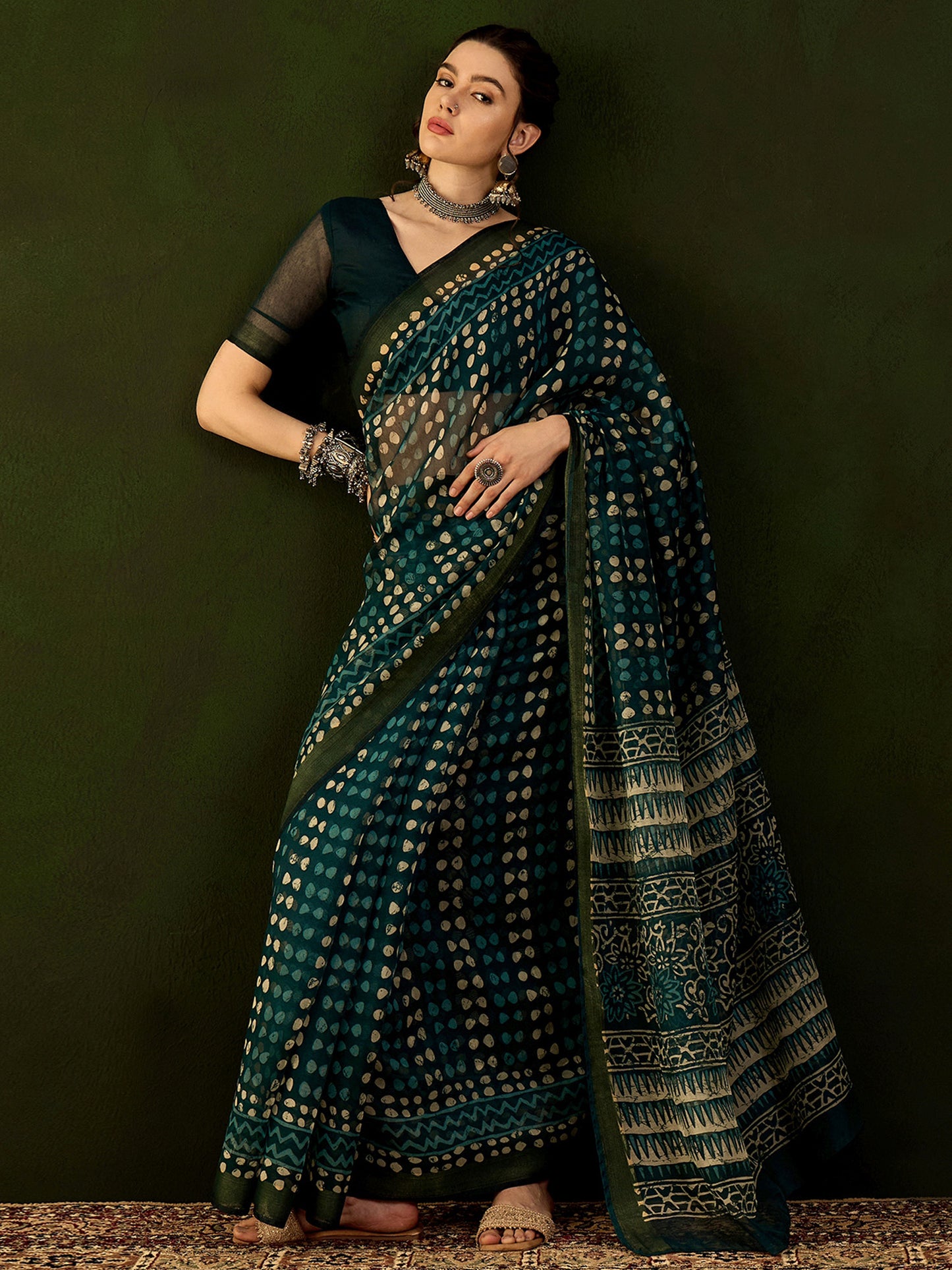 Women's Cotton Linen Teal blue Printed Designer Saree With Blouse Piece