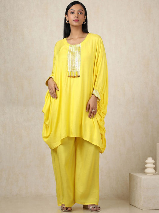 Dhiyona SO Women's Striped Yoke Design Sequinned Round Neck Kaftan Pure Cotton Kurta With Palazzos