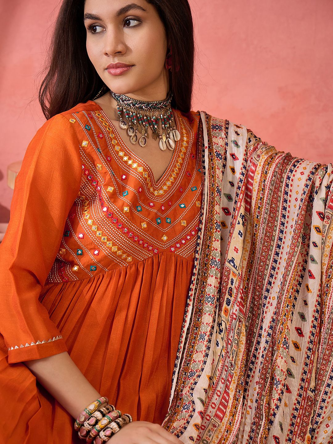 Dhiyona SN Women's Orange Mirror Work V-Neck Empire A-Line Kurta With Trousers And Dupatta