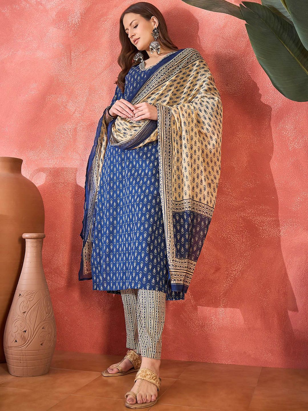 Dhiyona SN Women's Floral Printed V Neck Pure Cotton Kurta With Trousers & Dupatta