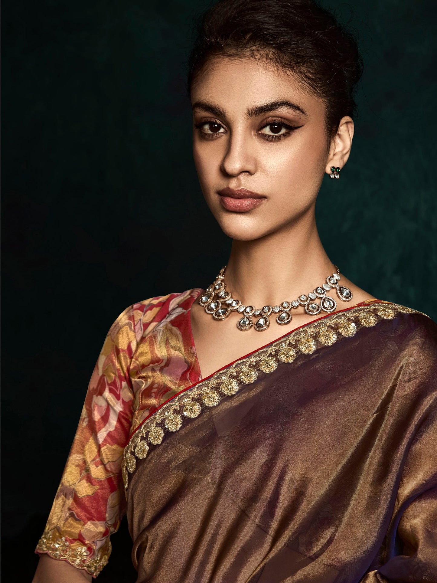 Dhiyona KM Women Elegant Brown Tissue Silk Saree With Crush Effect & Designer Printed Silk Blouseelegant Brown Tissue Silk Saree