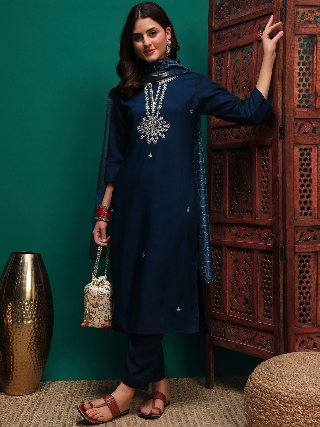 Dhiyona SN Women's Sequin Embroidered Straight Kurta & Trousers With Dupatta