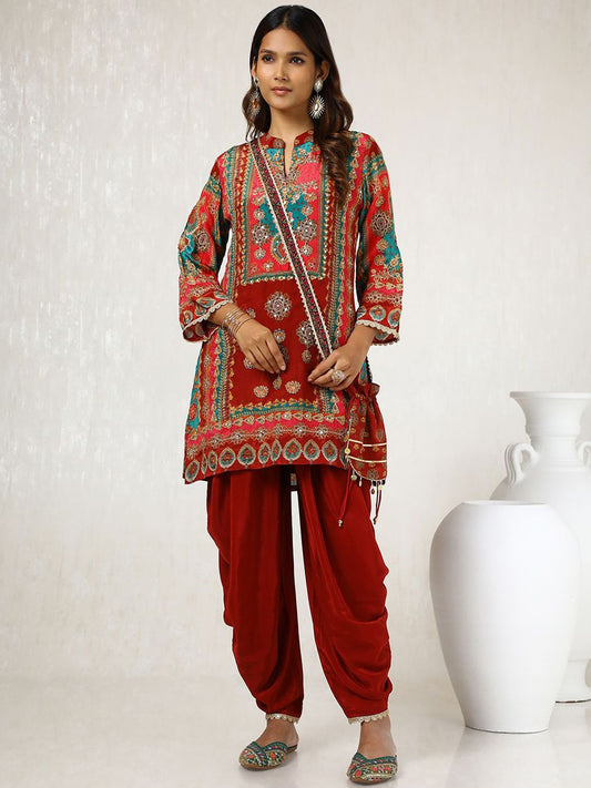 Dhiyona SO Women's Ethnic Motifs Printed Sequinned A Line Kurta with Dhoti Pants