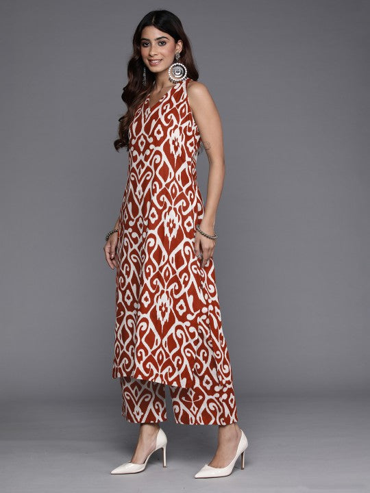 Dhiyona VR Women's Red Ikat Printed Straight Kurta With Palazzo