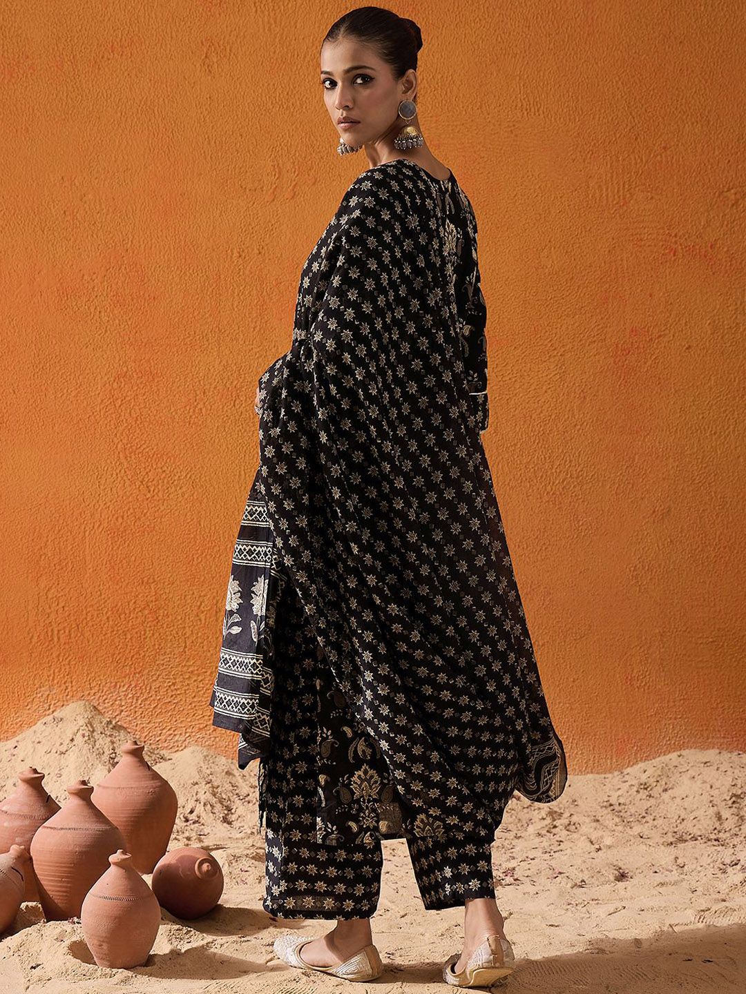 Dhiyona IE Black Floral Printed Gotta Patti Pure Cotton Kurta with Palazzo & Dupatta