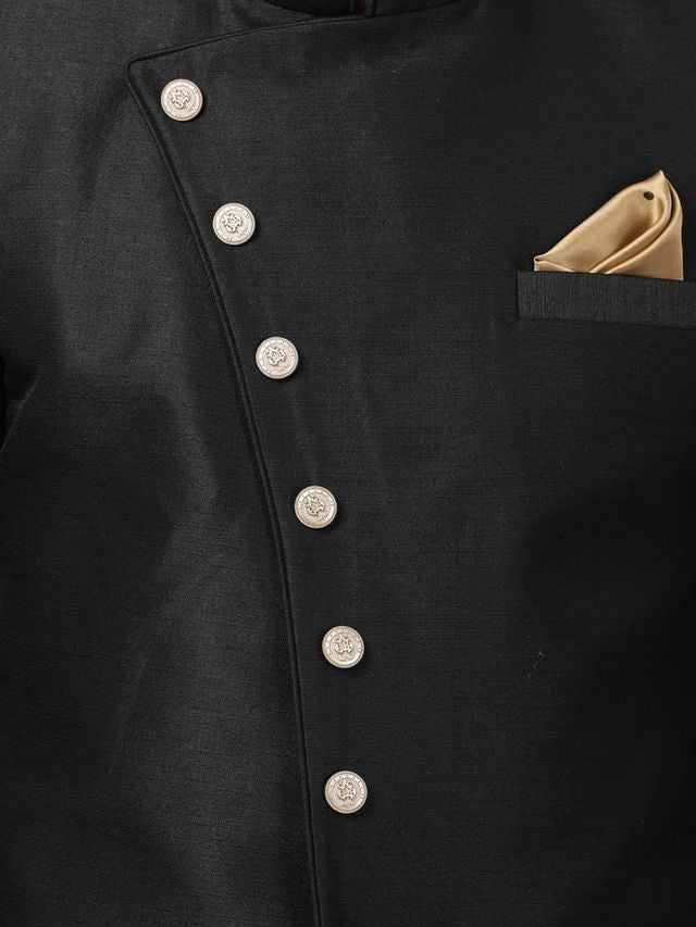 Men's Black Silk Blend Straight Sherwani Set