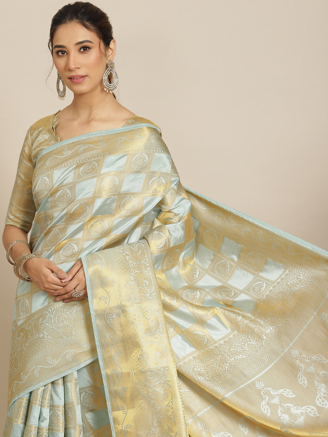 Dhiyona RV Women's Royal Banarasi Cotton Silk Zari Woven Saree with Matching Blouse ( KVD1696 )