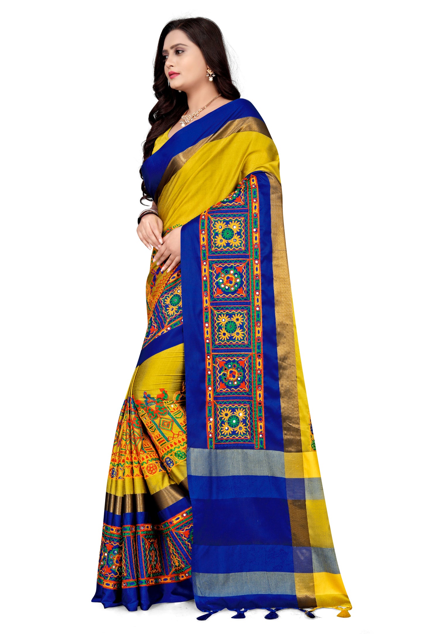Dhiyona RV Women's Cotton Silk with Kutchi Embroidered Work Saree ( KVD1028 )