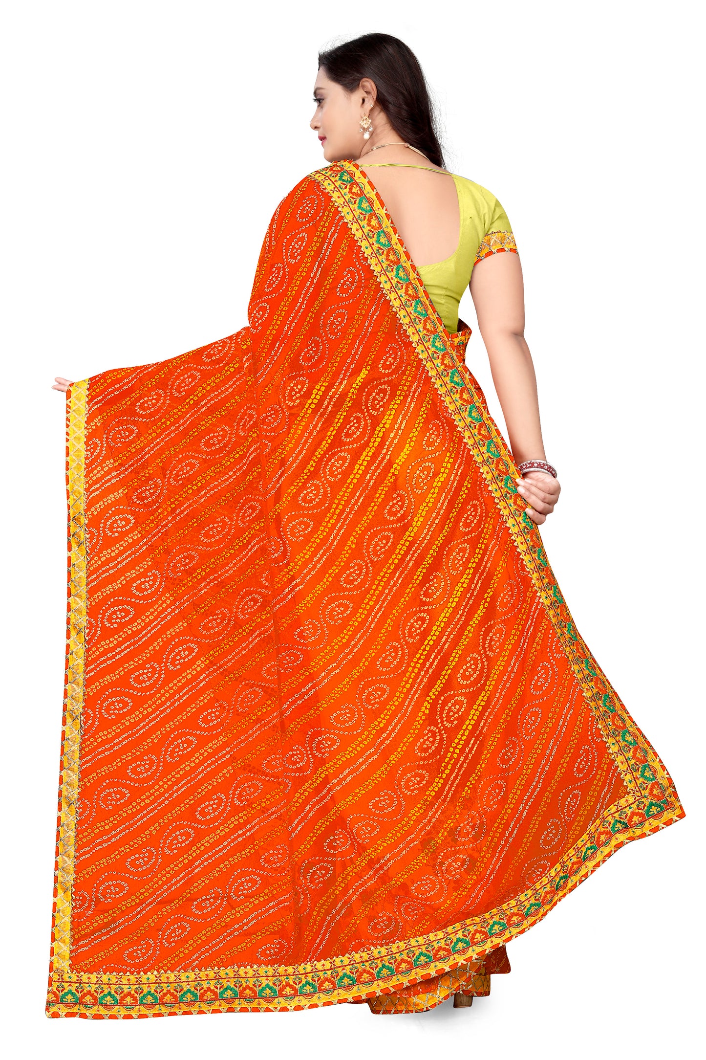 Dhiyona RV Women's Bandhani Georgette With Embroidery And Ruffle Saree With Blouse ( KVD1061 )