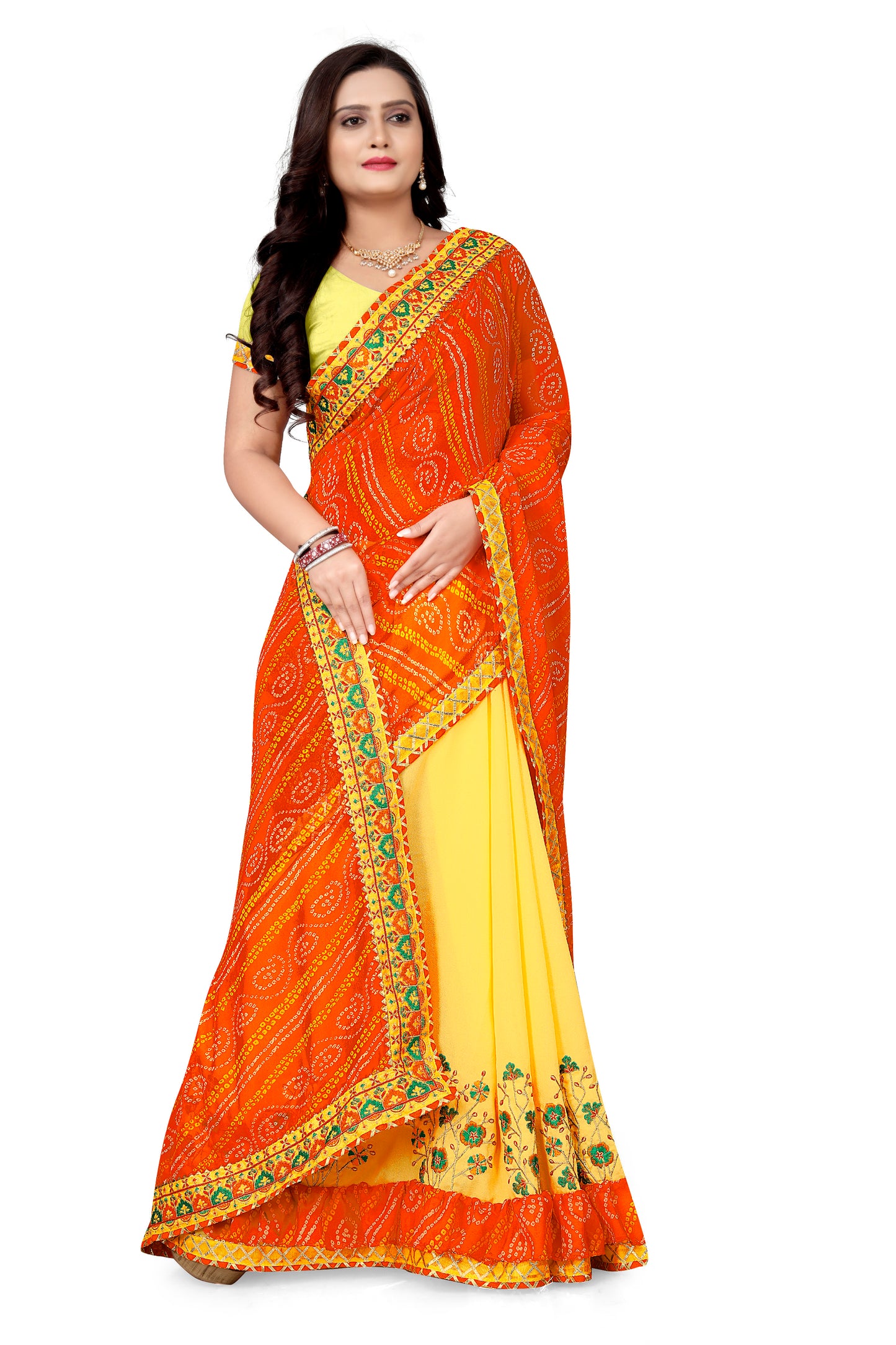 Dhiyona RV Women's Bandhani Georgette With Embroidery And Ruffle Saree With Blouse ( KVD1061 )