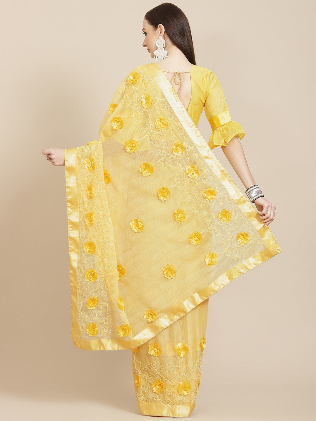 Dhiyona RV Women's Chiffon Fabric With Satin Ribbon Flower And Cording Emboirdered Saree With Blouse ( KVD1067 )