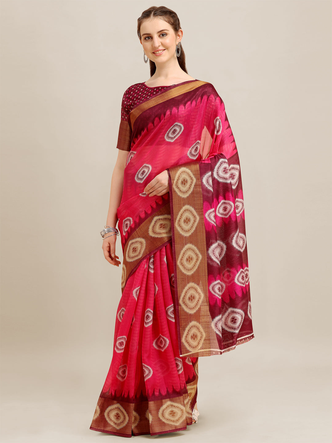 Dhiyona RV Women's Poly Cotton With Prizam Print Zari Broad Border And Printed Saree ( KVD1293 )