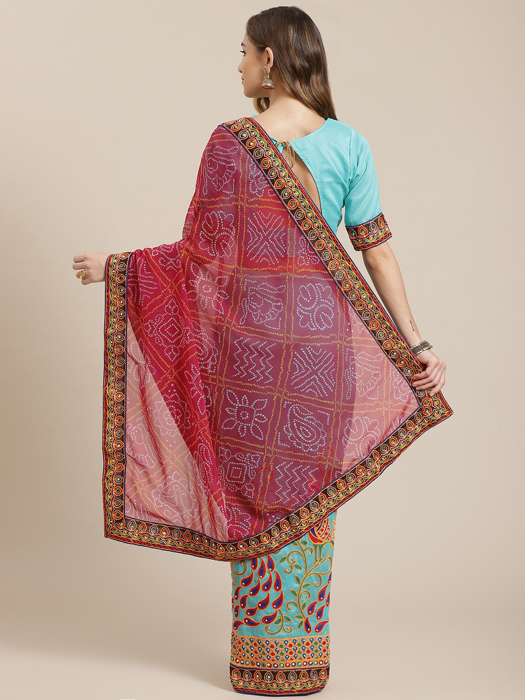 Dhiyona RV Women's Bandhani Georgette And Vichitra Silk With Thread Embroidery Saree ( KVD1413 )