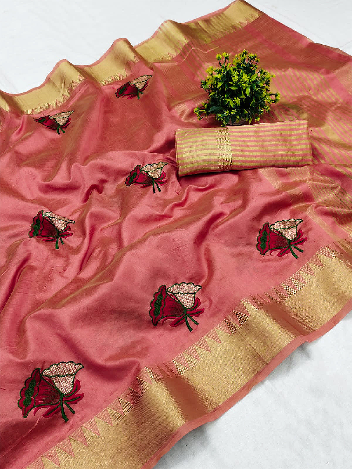 Dhiyona RV Women's Assam Cotton Silk With Thread And Zari Embroidery Saree With Blouse ( KVD1527 )