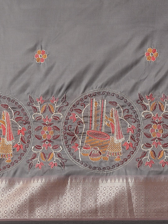 Dhiyona RV Women's Soft Cotton Silk With Colourful Thread Embroidery Saree With Blouse ( KVD1542 )