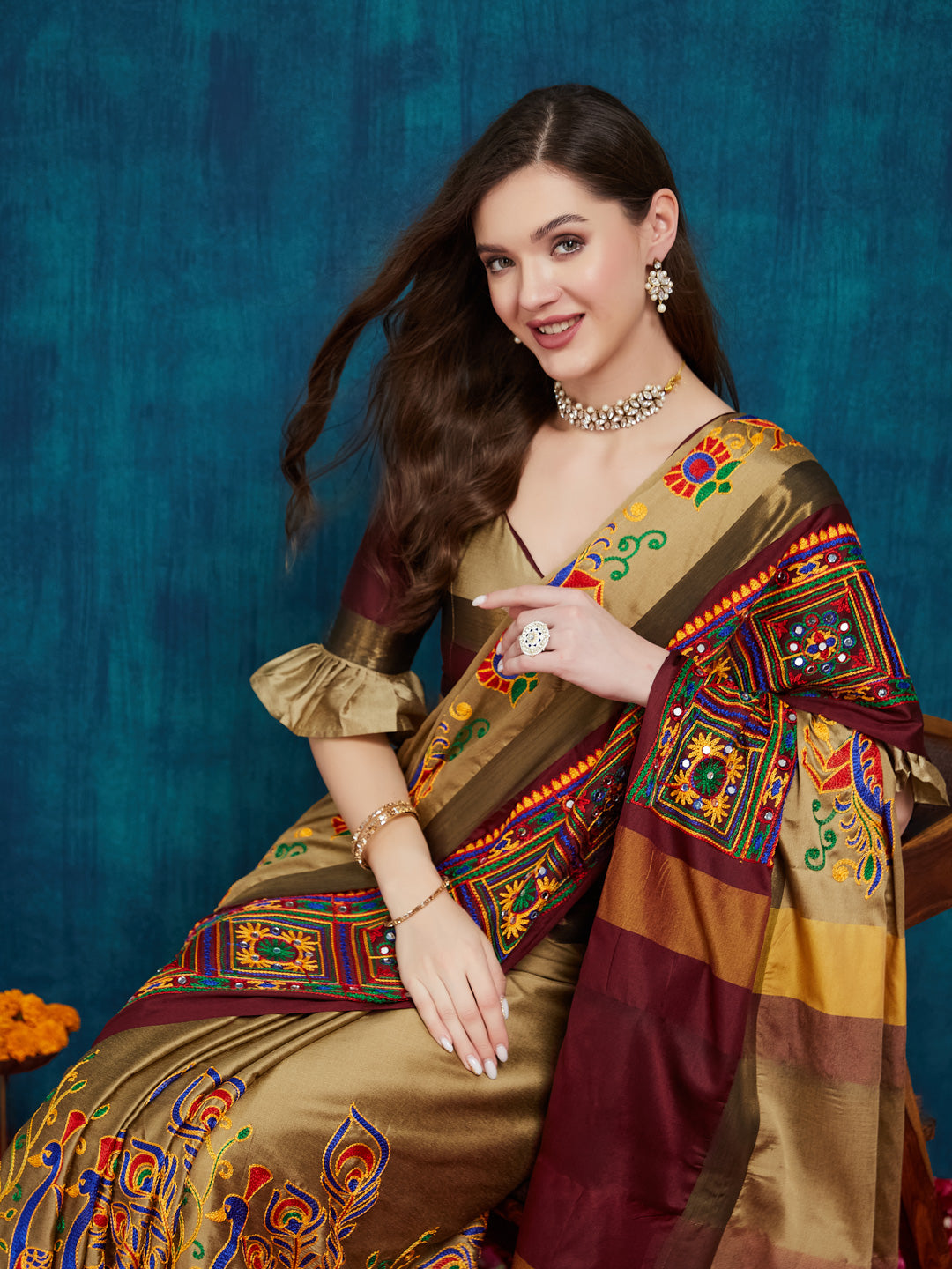 Dhiyona RV Women's Cotton Silk Heavy Kutchi Work With Peacock Design Embroidered Saree ( KVD1544 )