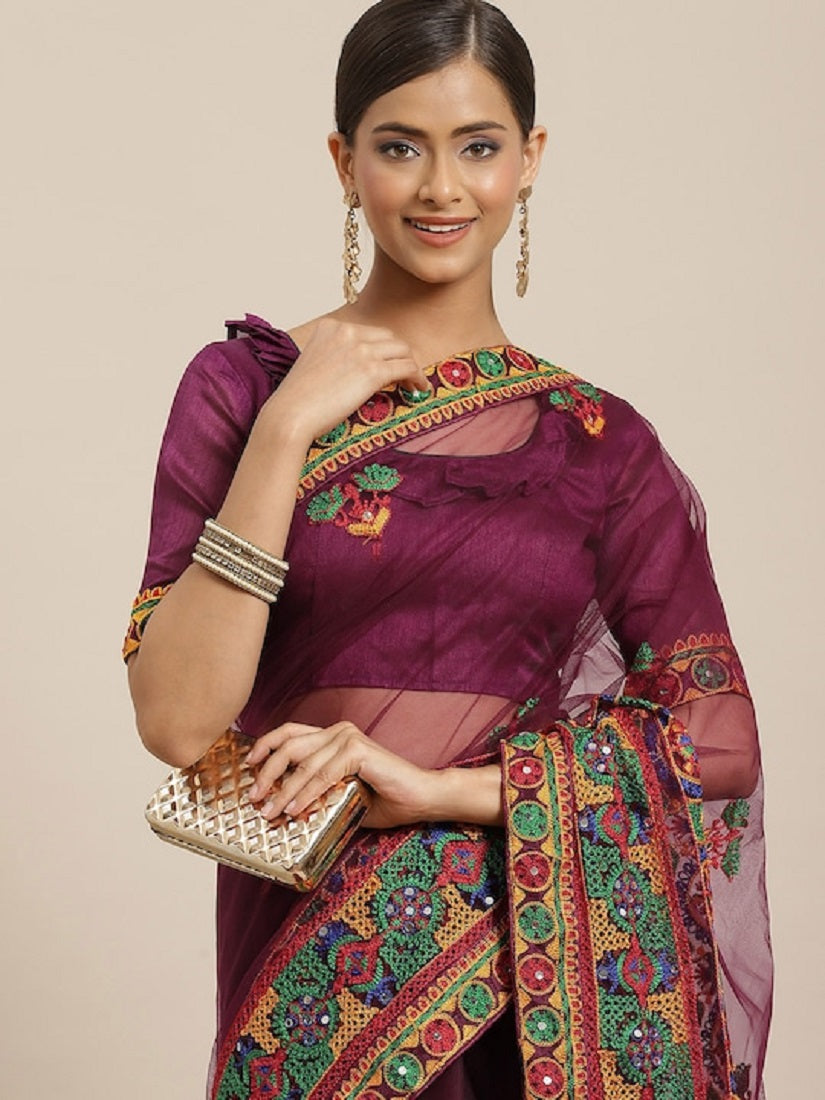 Dhiyona RV Women's Net Traditional Embroidered And Mirror Work Saree With Blouse ( KVD1575 )