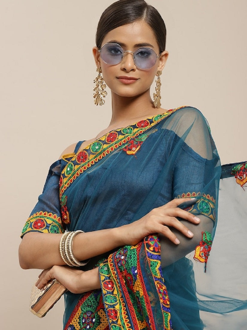 Dhiyona RV Women's Net Traditional Embroidered And Mirror Work Saree With Blouse ( KVD1576 )