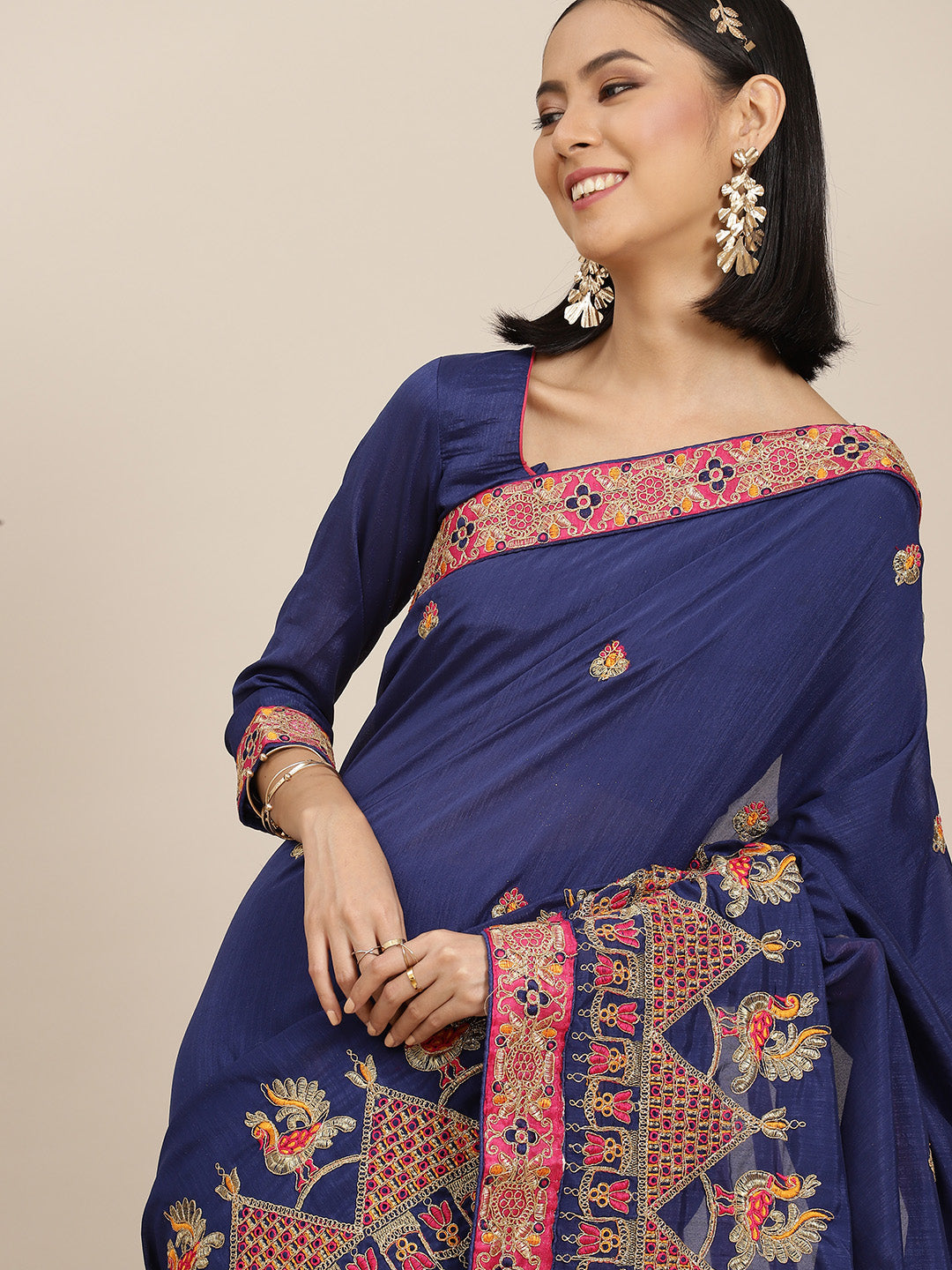 Dhiyona RV Women's Vichitra Silk With Zari Embroidered Saree With Blouse ( KVD1598 )