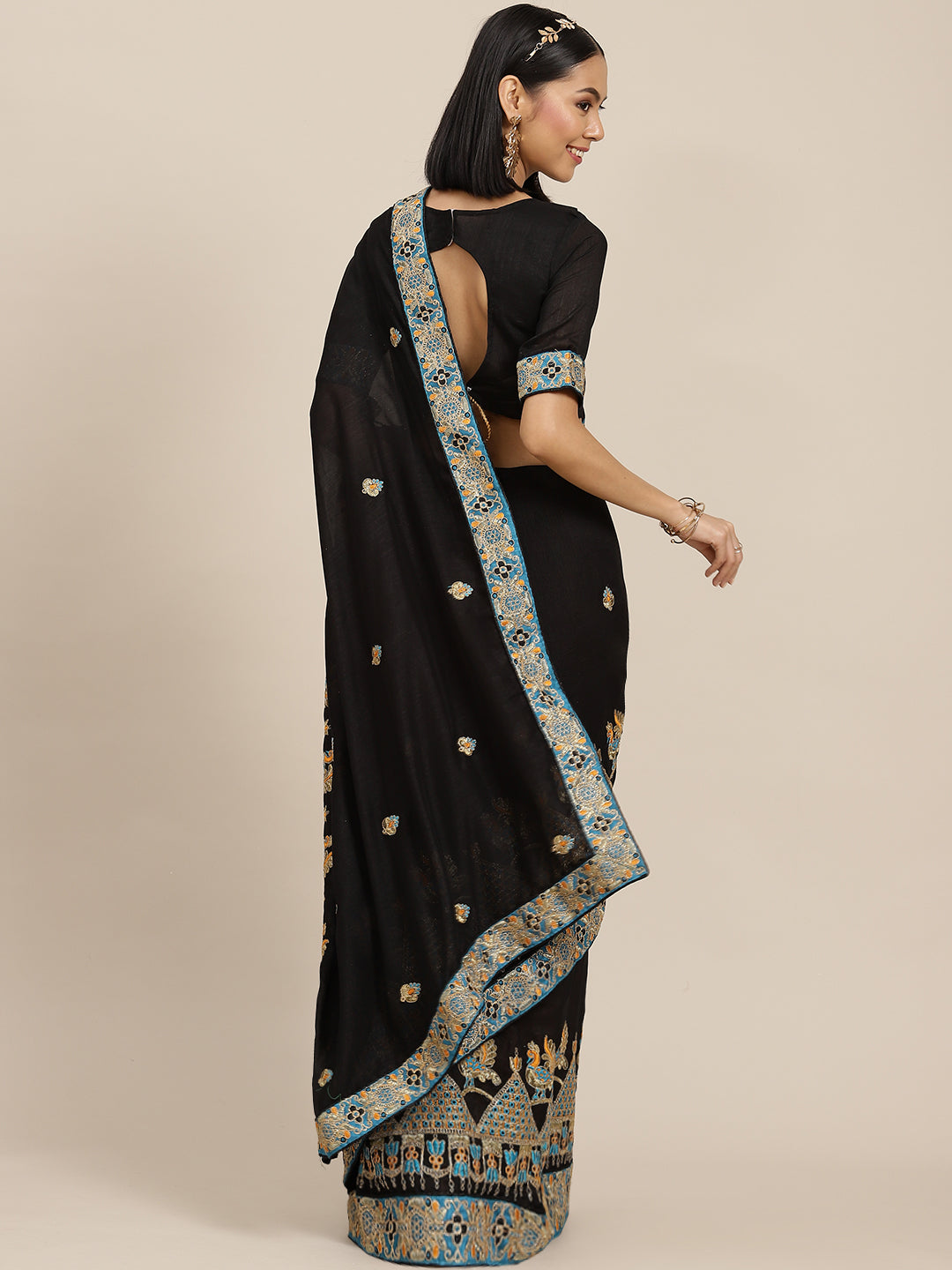 Dhiyona RV Women's Vichitra Silk With Zari Embroidered Saree With Blouse ( KVD1599 )