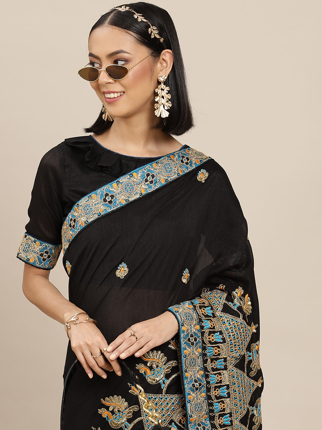 Dhiyona RV Women's Vichitra Silk With Zari Embroidered Saree With Blouse ( KVD1599 )