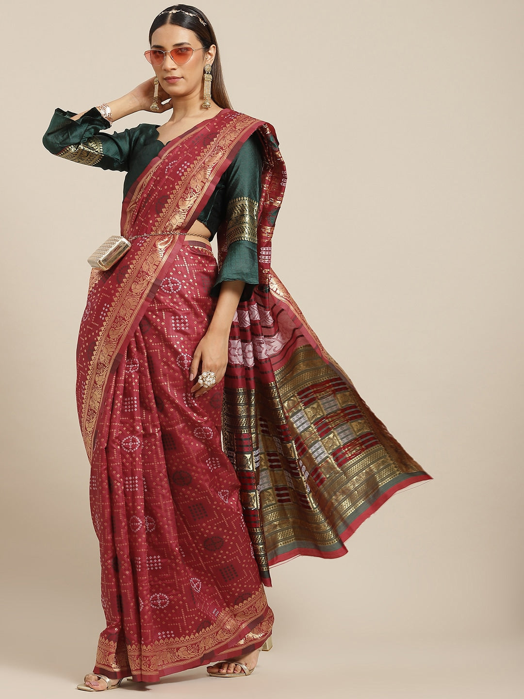 Dhiyona RV Women's Banarasi Cotton Silk With Zari weaving Bandhani Saree ( KVD1643 )