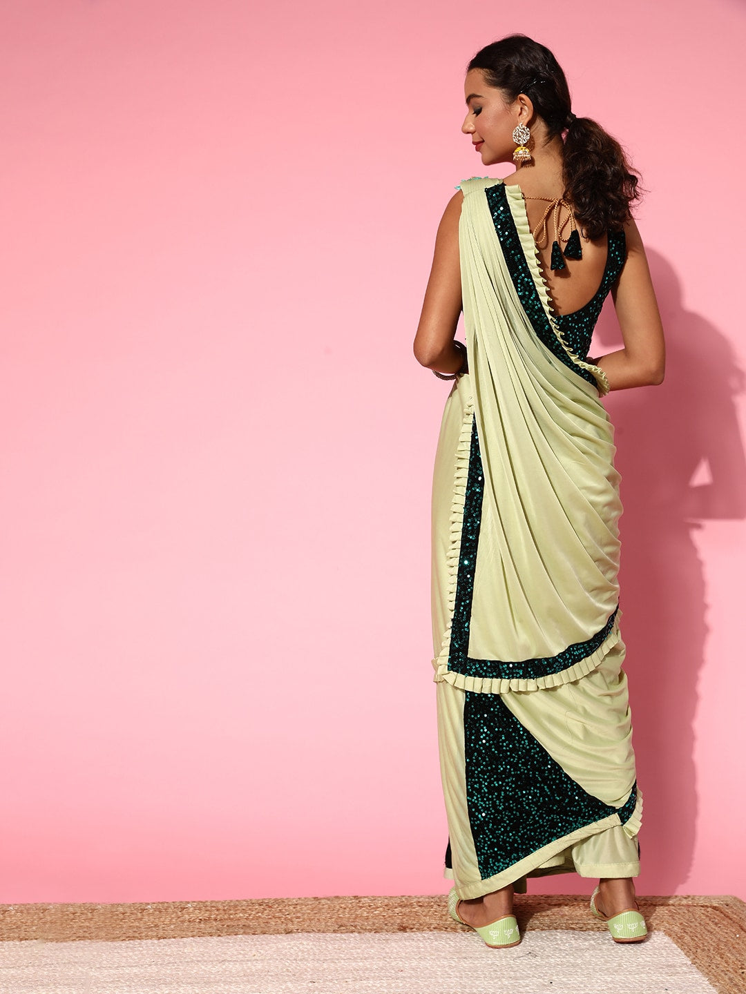Dhiyona RV Women's Glamorous Lycra Sequins Saree with Velvet Blouse ( KVD1657 )