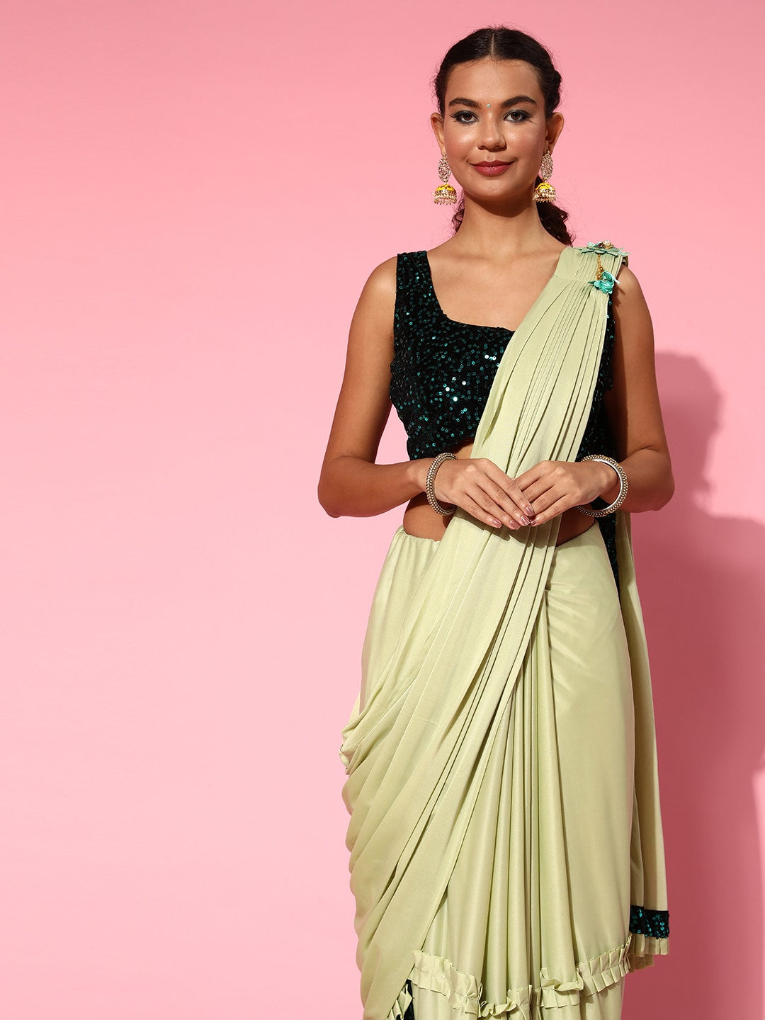 Dhiyona RV Women's Glamorous Lycra Sequins Saree with Velvet Blouse ( KVD1657 )