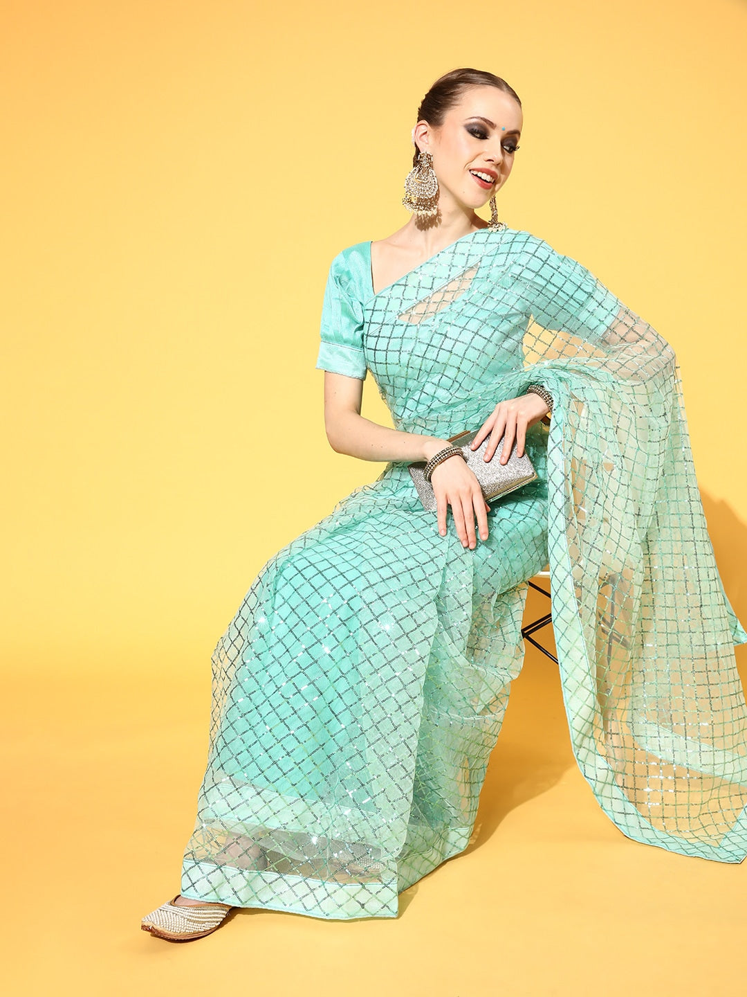 Dhiyona RV Women's Exquisite Net Sequins Embroidered Saree with Banglori Satin Blouse ( KVD1671 )
