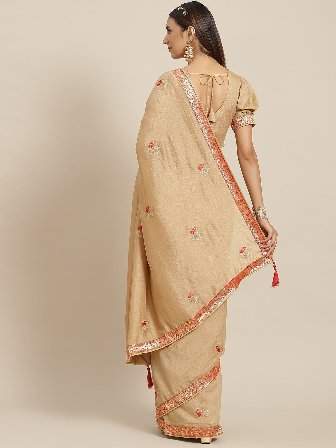 Dhiyona RV Women's Designer Vichitra Georgette Embroidered Saree with Jacquard Lace With Blouse ( KVD1797 )