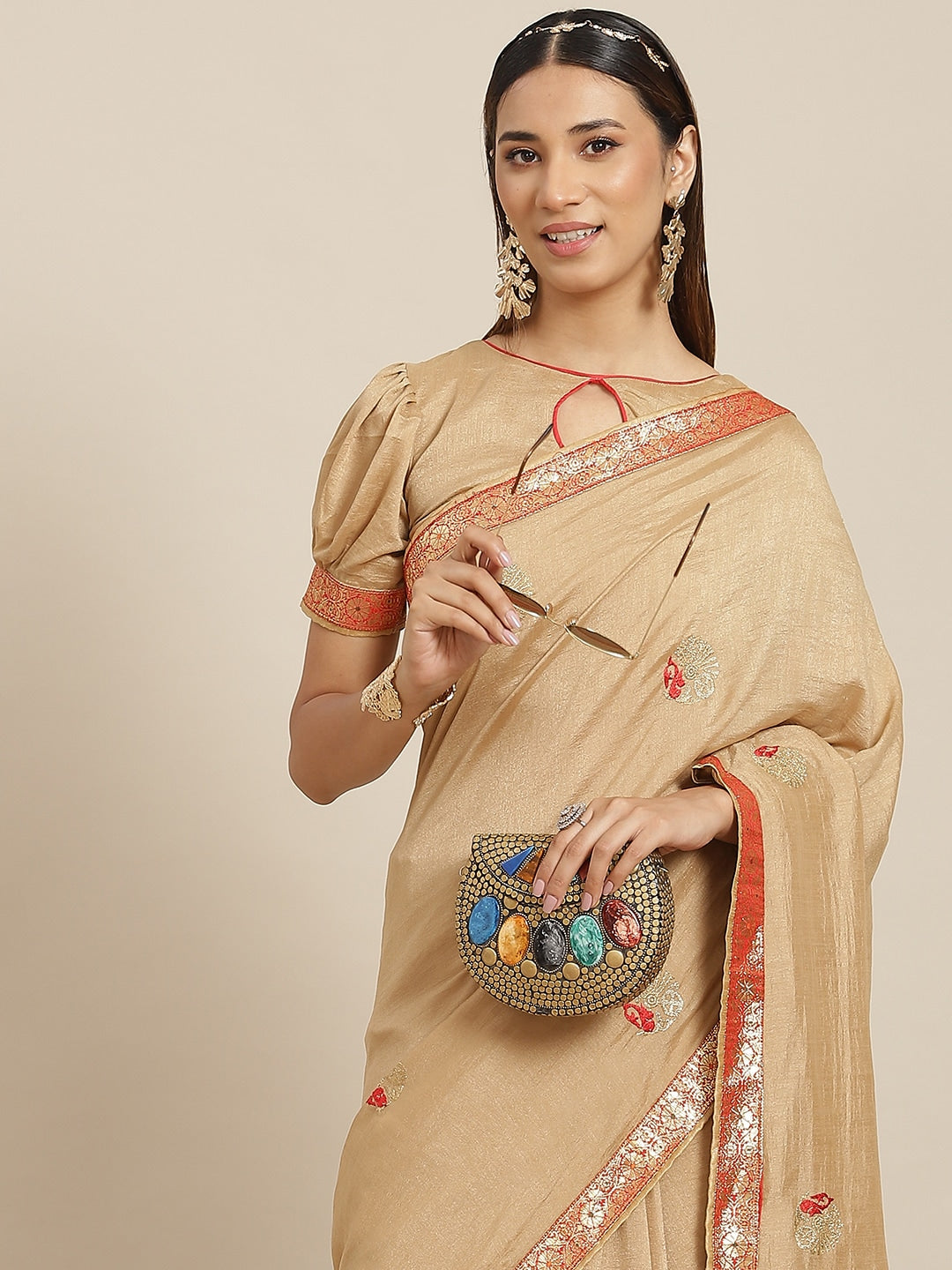 Dhiyona RV Women's Designer Vichitra Georgette Embroidered Saree with Jacquard Lace With Blouse ( KVD1797 )