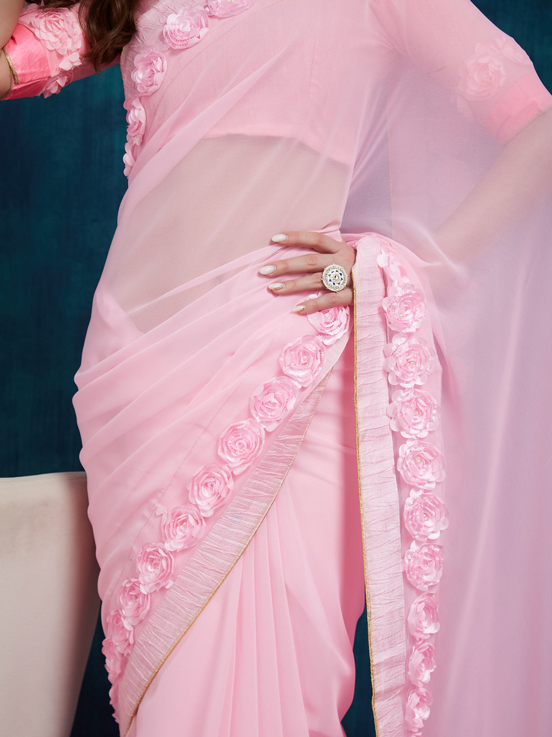 Dhiyona RV Women's Designer Ribbon Work Georgette Saree with Blouse ( KVD18 )