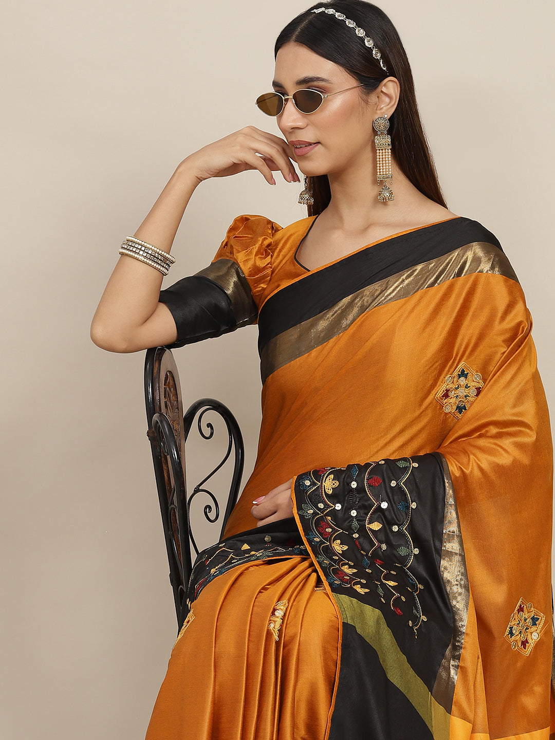 Dhiyona RV Women's Exquisite Aangi Cotton Silk Saree with Multi-Color Thread & Sequins Embroidery With Blouse ( KVD1815 )