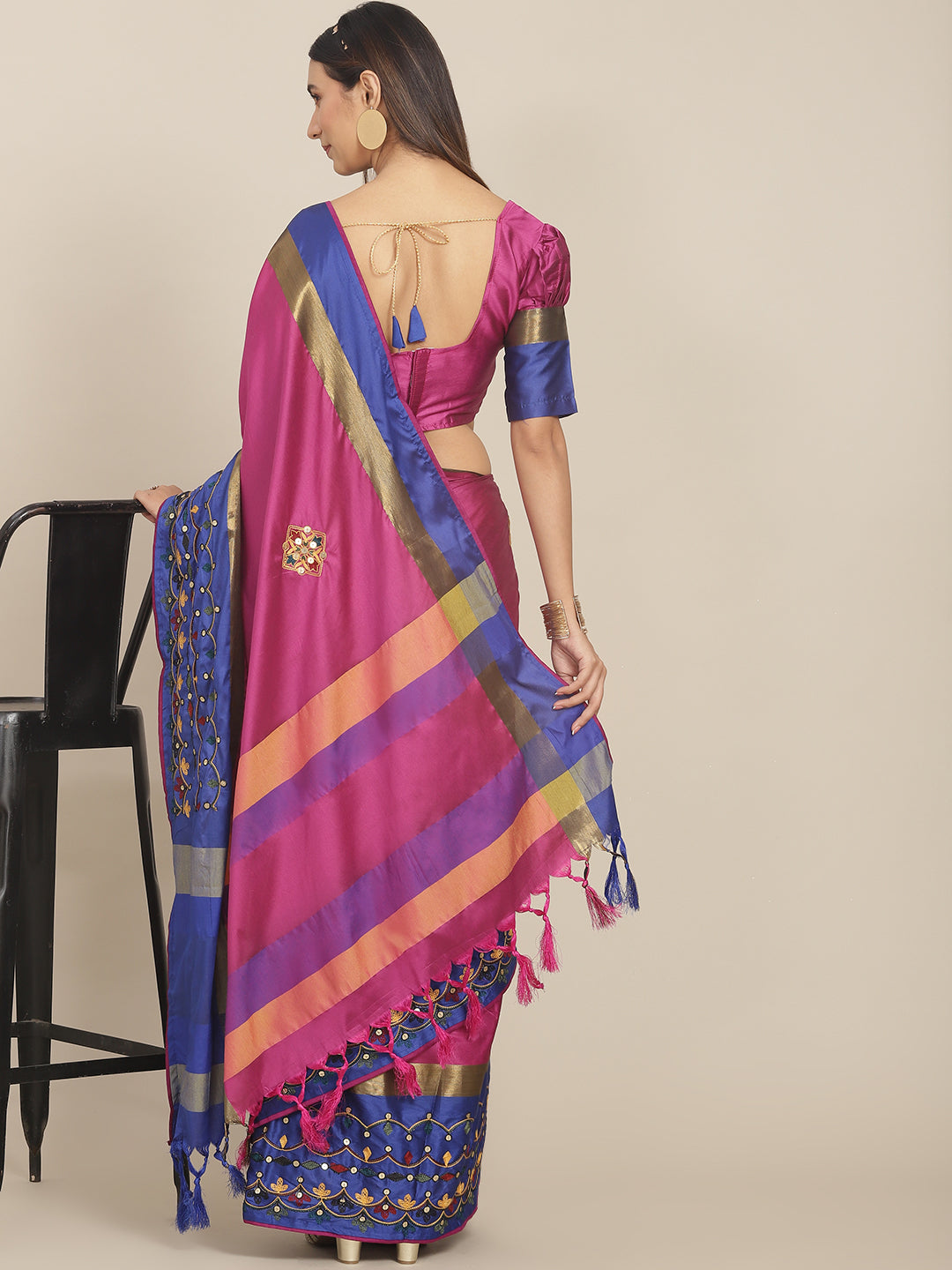 Dhiyona RV Women's Exquisite Aangi Cotton Silk Saree with Multi-Color Thread & Sequins Embroidery With Blouse ( KVD1816 )