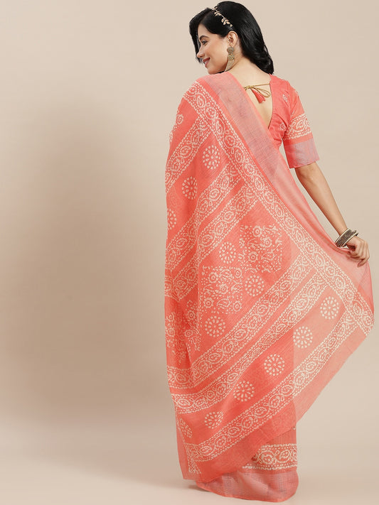 Dhiyona RV Women's Elegant Linen Blend Cotton Block Print Saree with Matching Blouse
 ( KVD1835 )