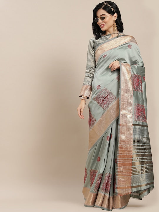 Dhiyona RV Women's Elegant Soft Cotton Silk Saree with Thread Floral Embroidery & Golden Border With Blouse ( KVD1844 )