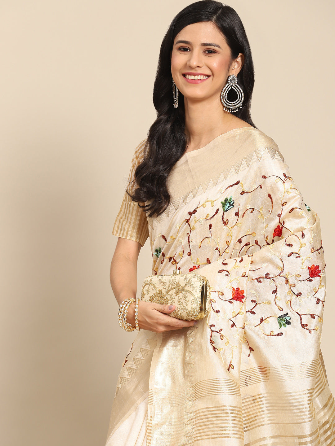 Dhiyona RV Women's Elegant Assam Cotton Silk Saree with Thread Embroidery & Golden Zari Border With Blouse ( KVD1891 )
