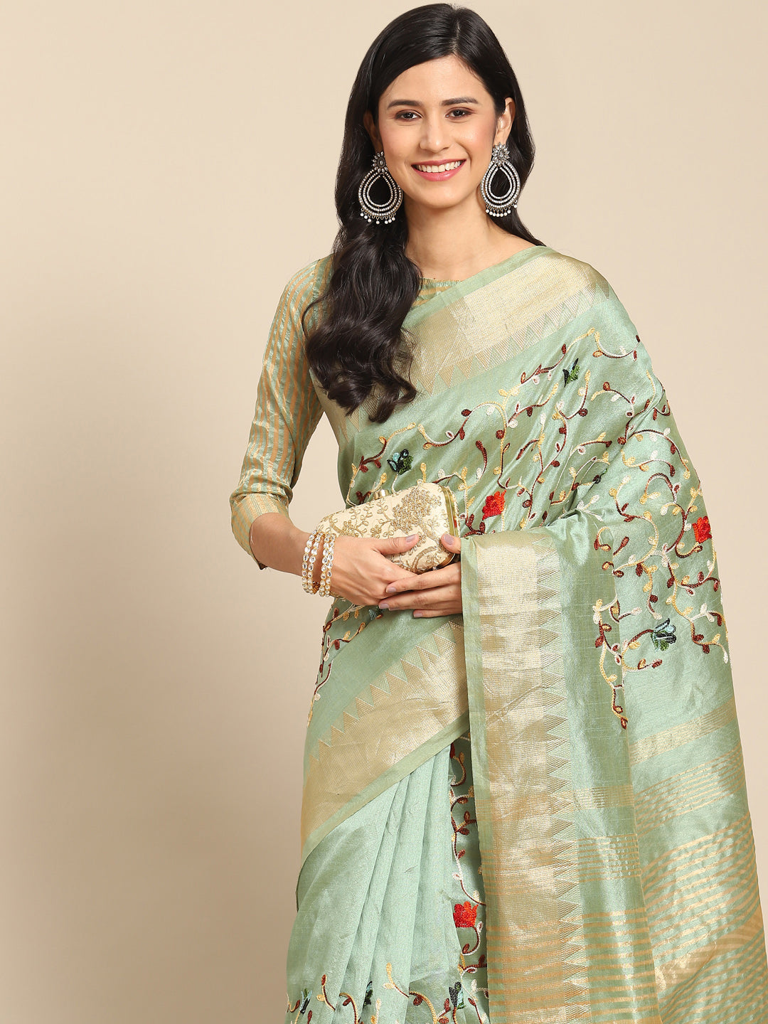 Dhiyona RV Women's Elegant Assam Cotton Silk Saree with Thread Embroidery & Golden Zari Border With Blouse ( KVD1892 )