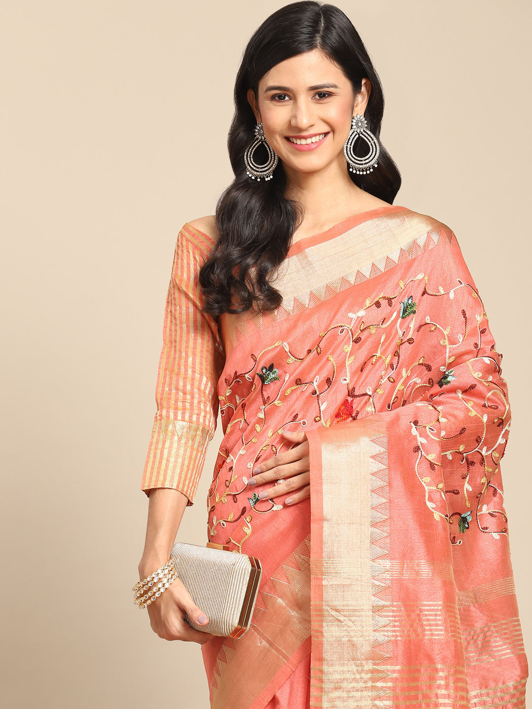 Dhiyona RV Women's Elegant Assam Cotton Silk Saree with Thread Embroidery & Golden Zari Border With Blouse ( KVD1893 )