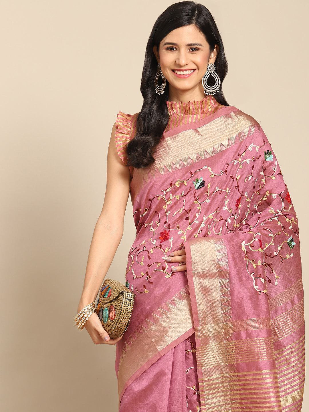 Dhiyona RV Women's Elegant Assam Cotton Silk Saree with Thread Embroidery & Golden Zari Border With Blouse ( KVD1894 )
