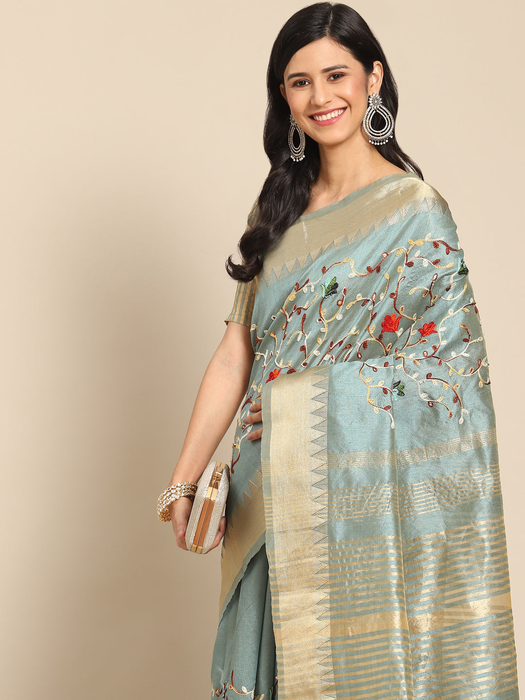 Dhiyona RV Women's Elegant Assam Cotton Silk Saree with Thread Embroidery & Golden Zari Border With Blouse ( KVD1895 )