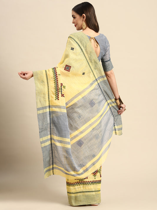 Dhiyona RV Women's Graceful Linen Cotton Saree with Elegant Thread Embroidery With Blouse ( KVD1913 )