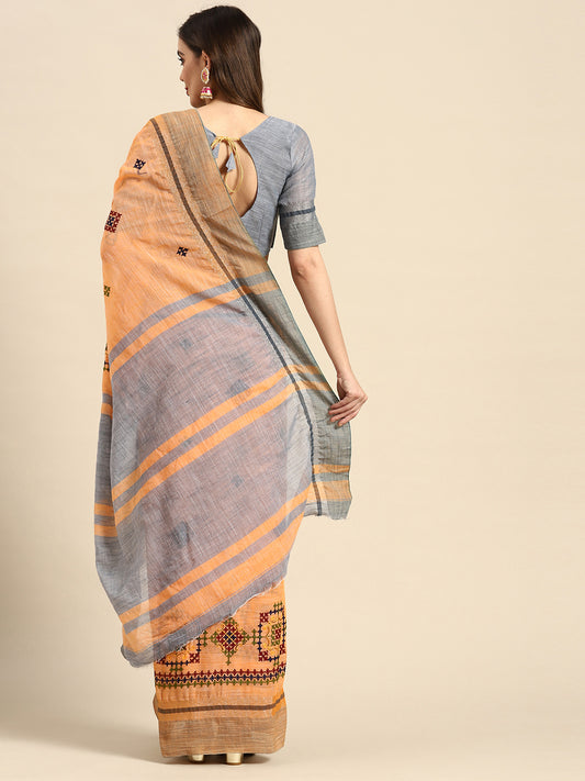 Dhiyona RV Women's Graceful Linen Cotton Saree with Elegant Thread Embroidery With Blouse ( KVD1916 )