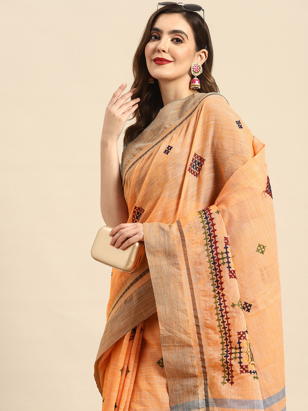 Dhiyona RV Women's Graceful Linen Cotton Saree with Elegant Thread Embroidery With Blouse ( KVD1916 )