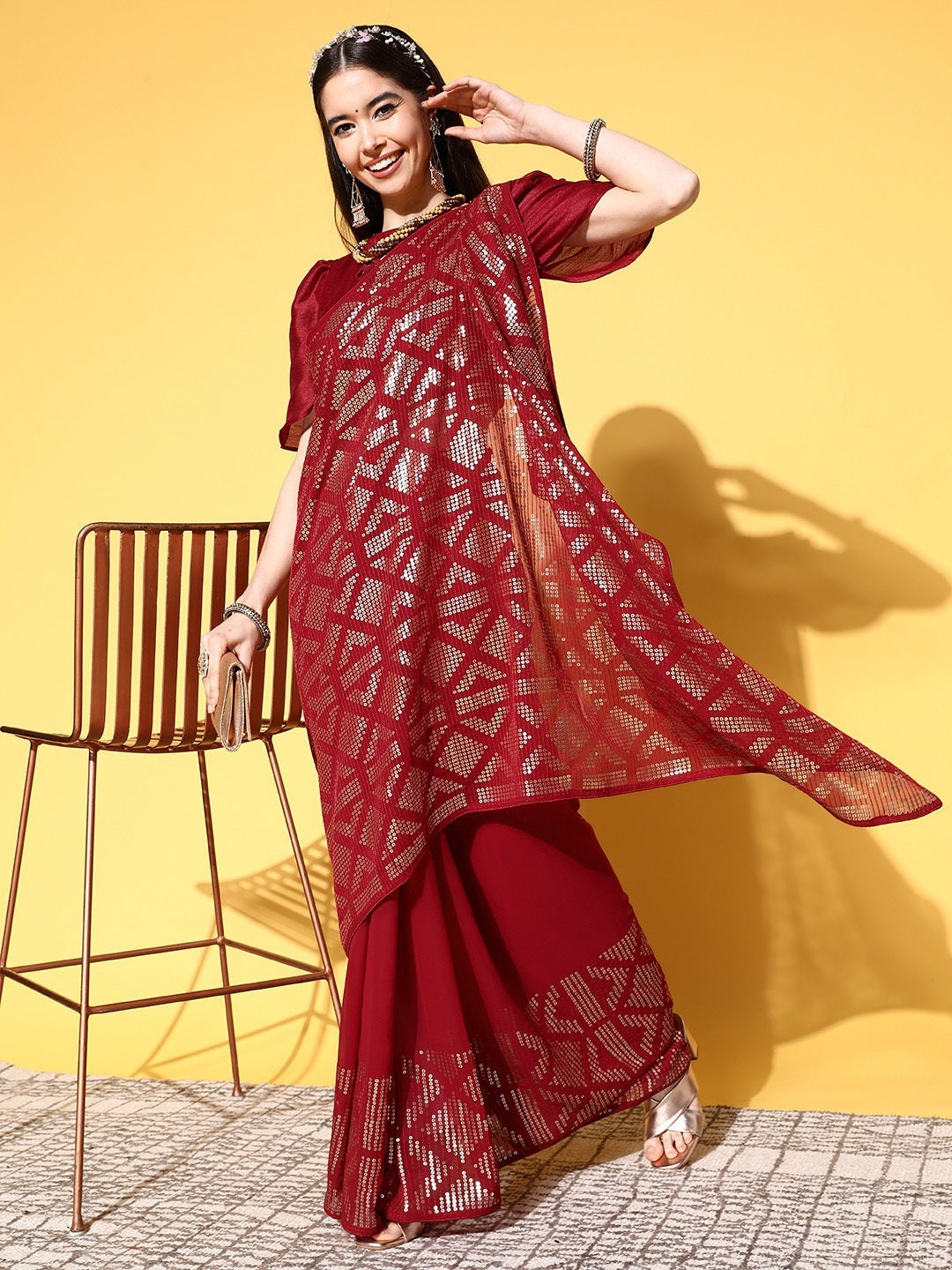 Dhiyona RV Women's Premium Georgette Sequins Embroidered Saree with Banglori Silk Blouse ( KVD1923 )