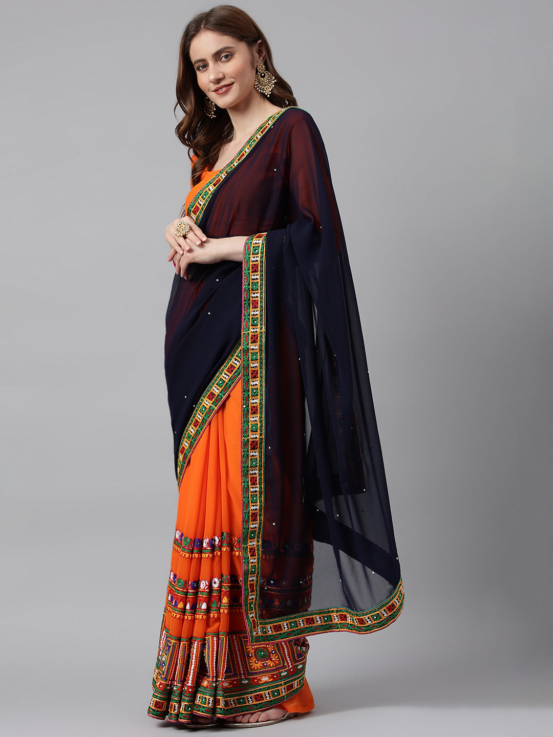 Dhiyona RV Women's Designer Half & Half Georgette Embroidery Work Saree With Blouse ( KVD2 )