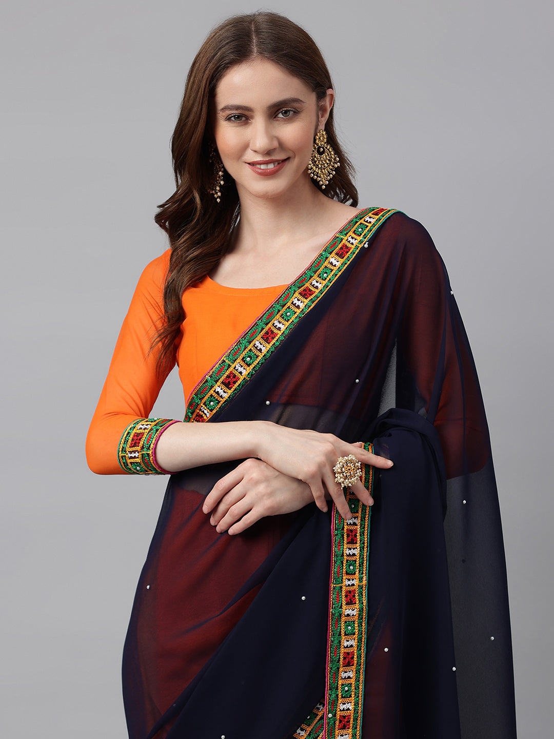 Dhiyona RV Women's Designer Half & Half Georgette Embroidery Work Saree With Blouse ( KVD2 )